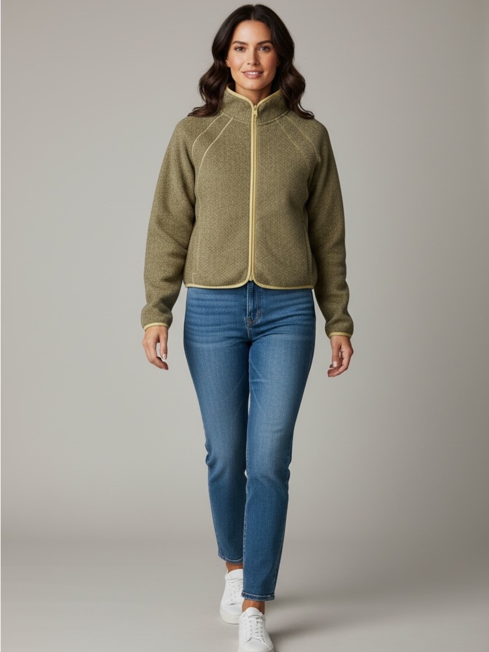 Athleta Olive and Yellow Zip-Front Fleece Jacket - Picture 1 of 10
